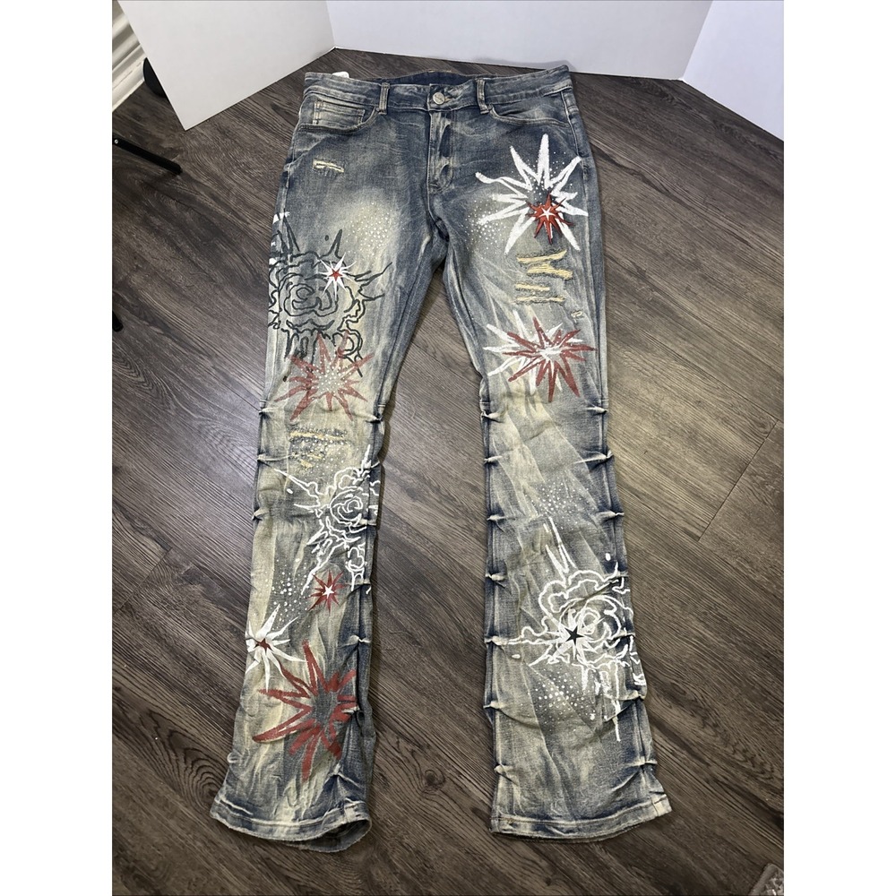 SMOKE RISE Men's Jeans Zombie Rhinestone Design Med Wash 34